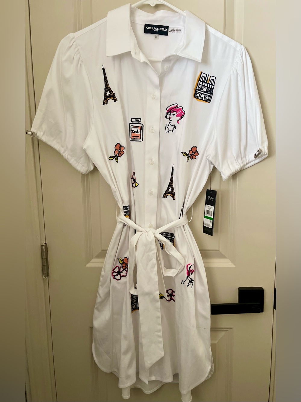 Karl Lagerfeld White Paris-Print Tie-Waist Midi Shirt Dress